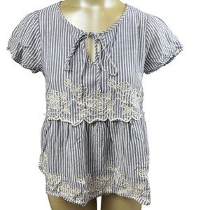 womens savanna jane small blue white stripe emroidered floral baby doll top